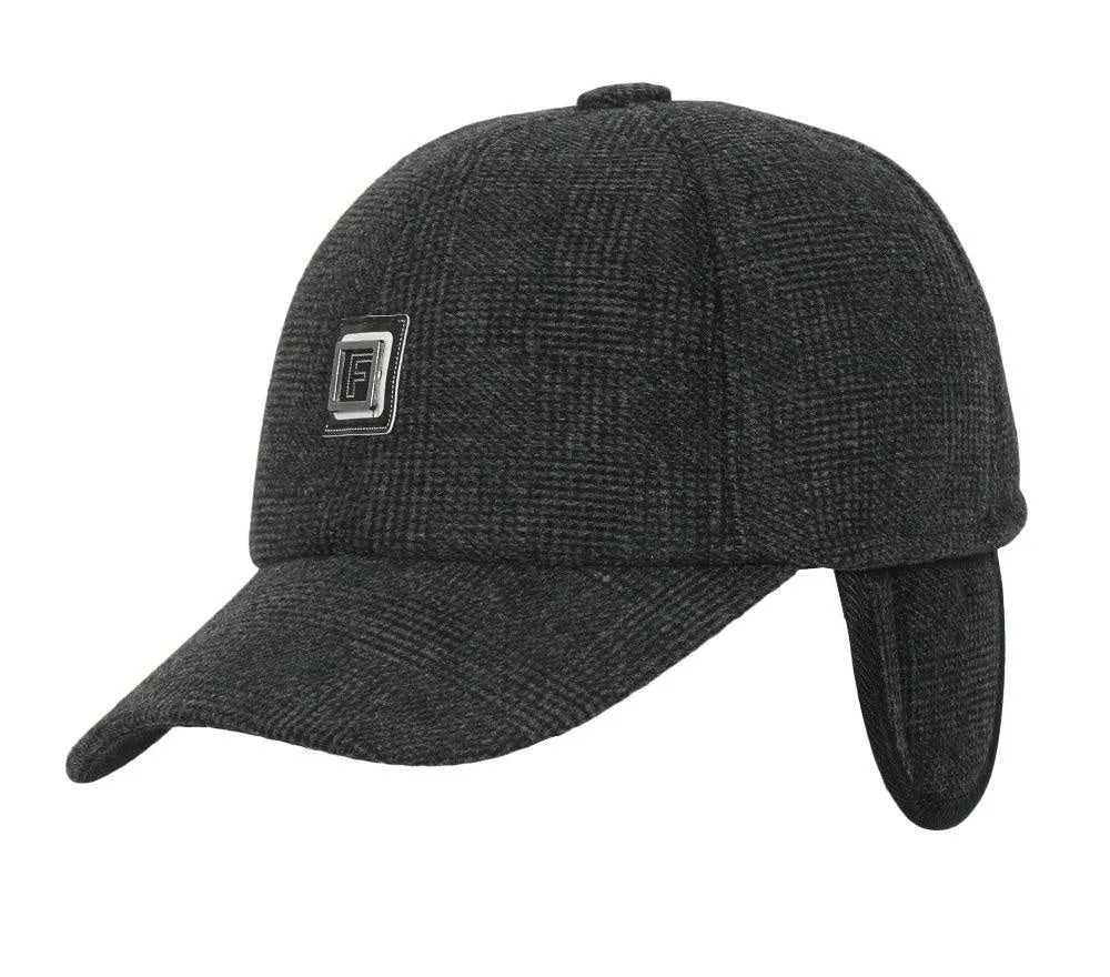 Fabseasons DarkGrey Checkered Baseball Cap with Foldable Ear Cover for Winter