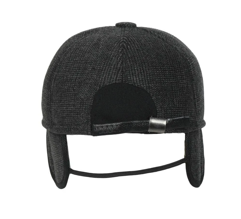 Fabseasons DarkGrey Checkered Baseball Cap with Foldable Ear Cover for Winter