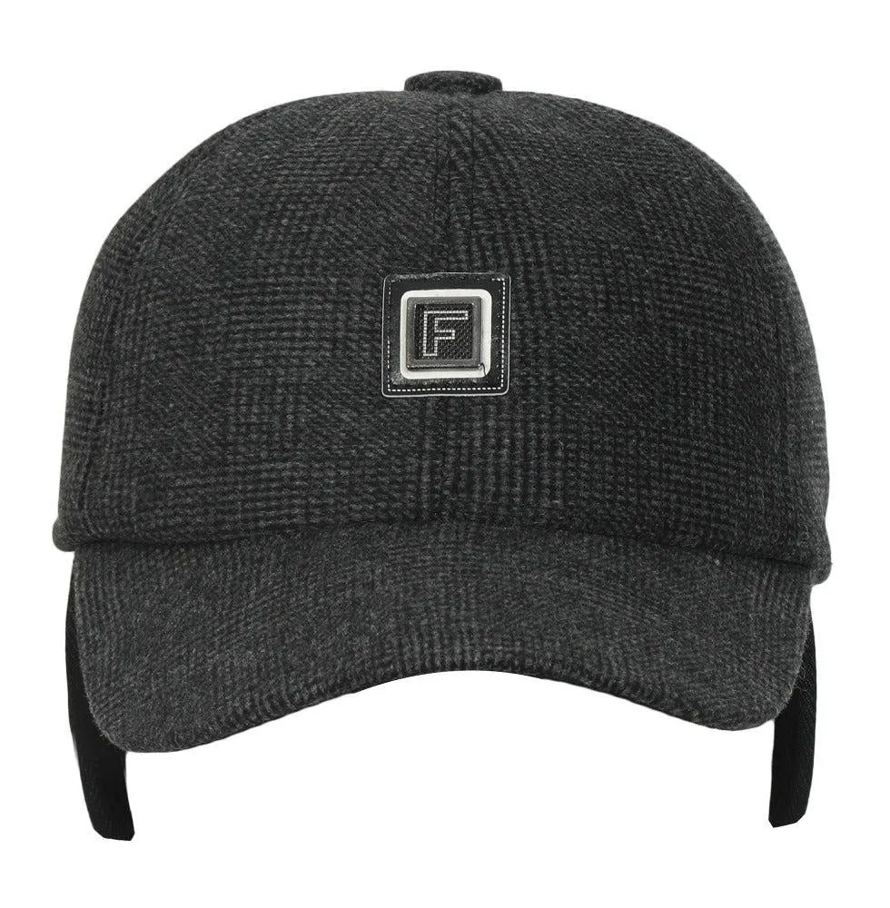 Fabseasons DarkGrey Checkered Baseball Cap with Foldable Ear Cover for Winter