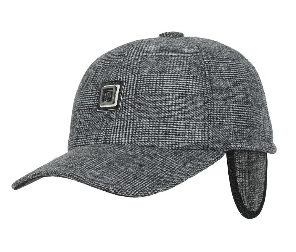 Fabseasons Grey Checkered Baseball Cap with Foldable Ear Cover for Winters