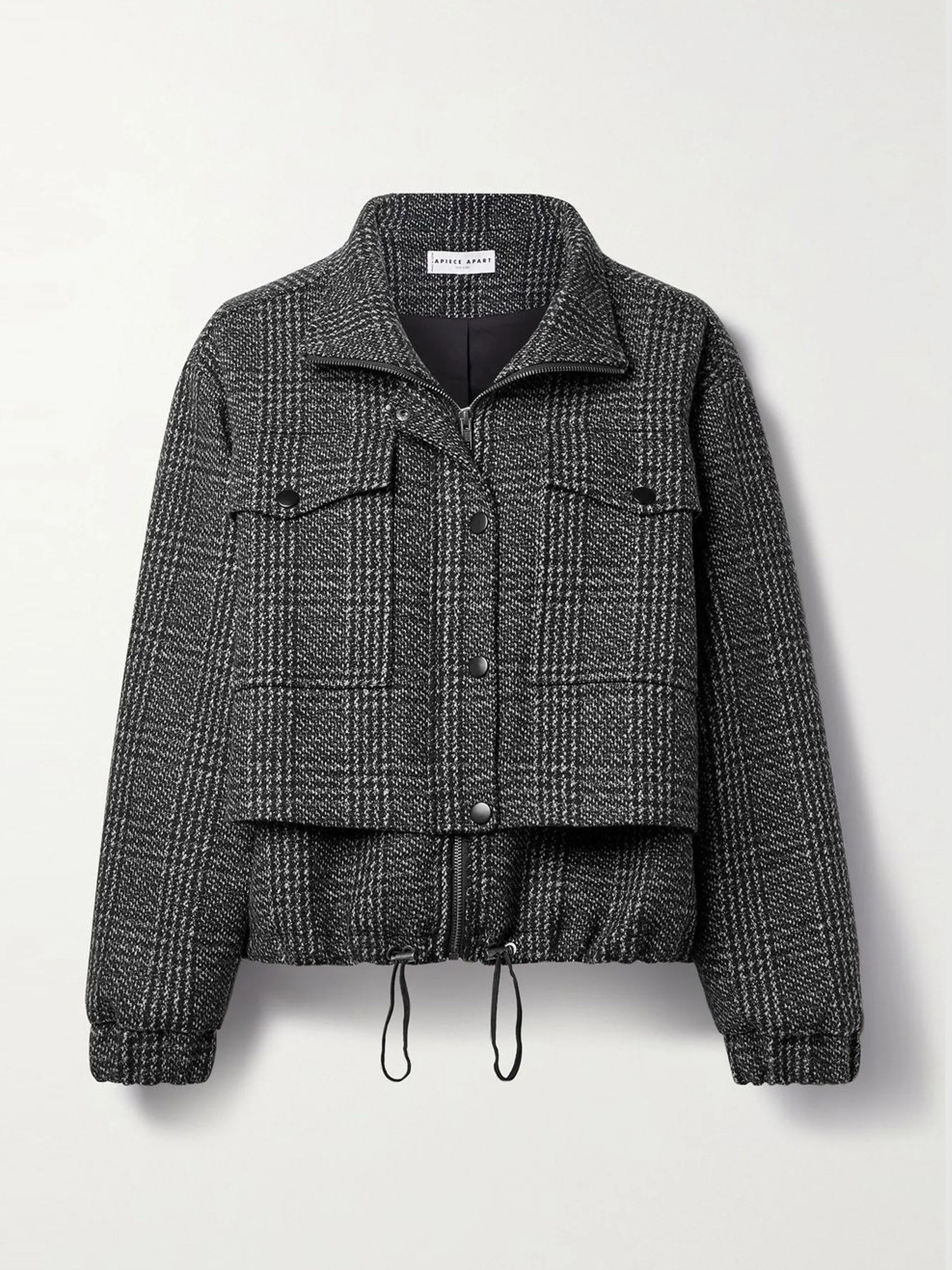 Layered checked wool-blend black jacket