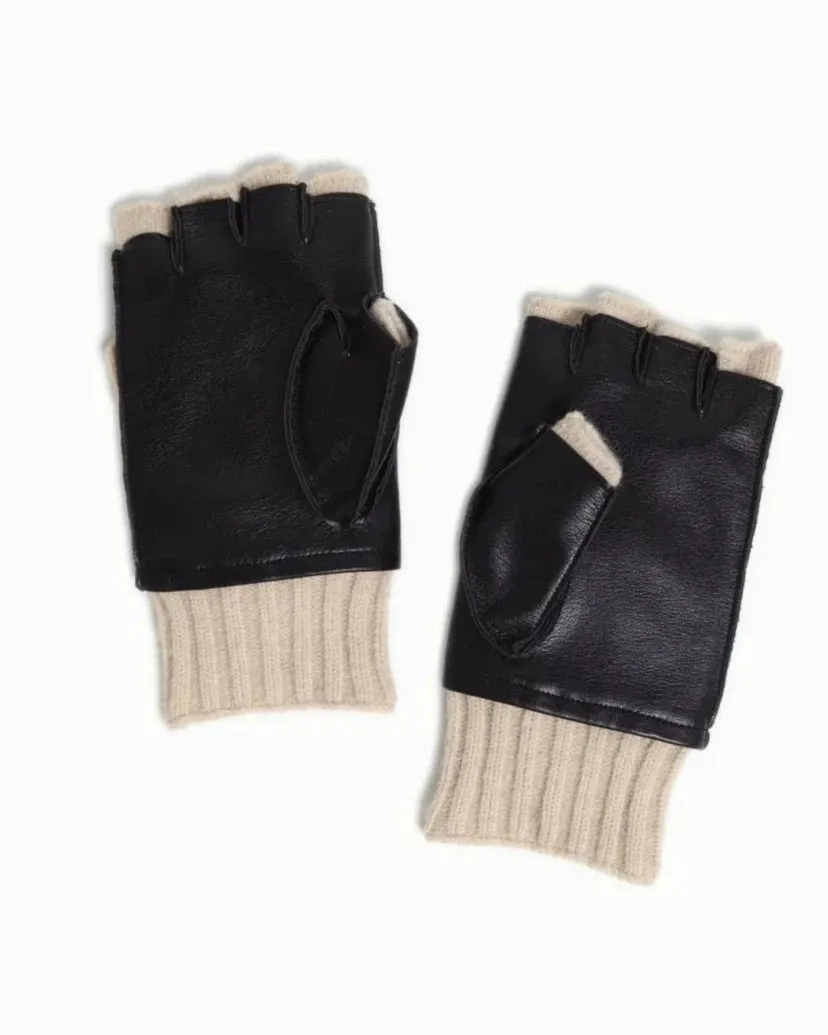 Leather Knit Flip Mitten in Black
