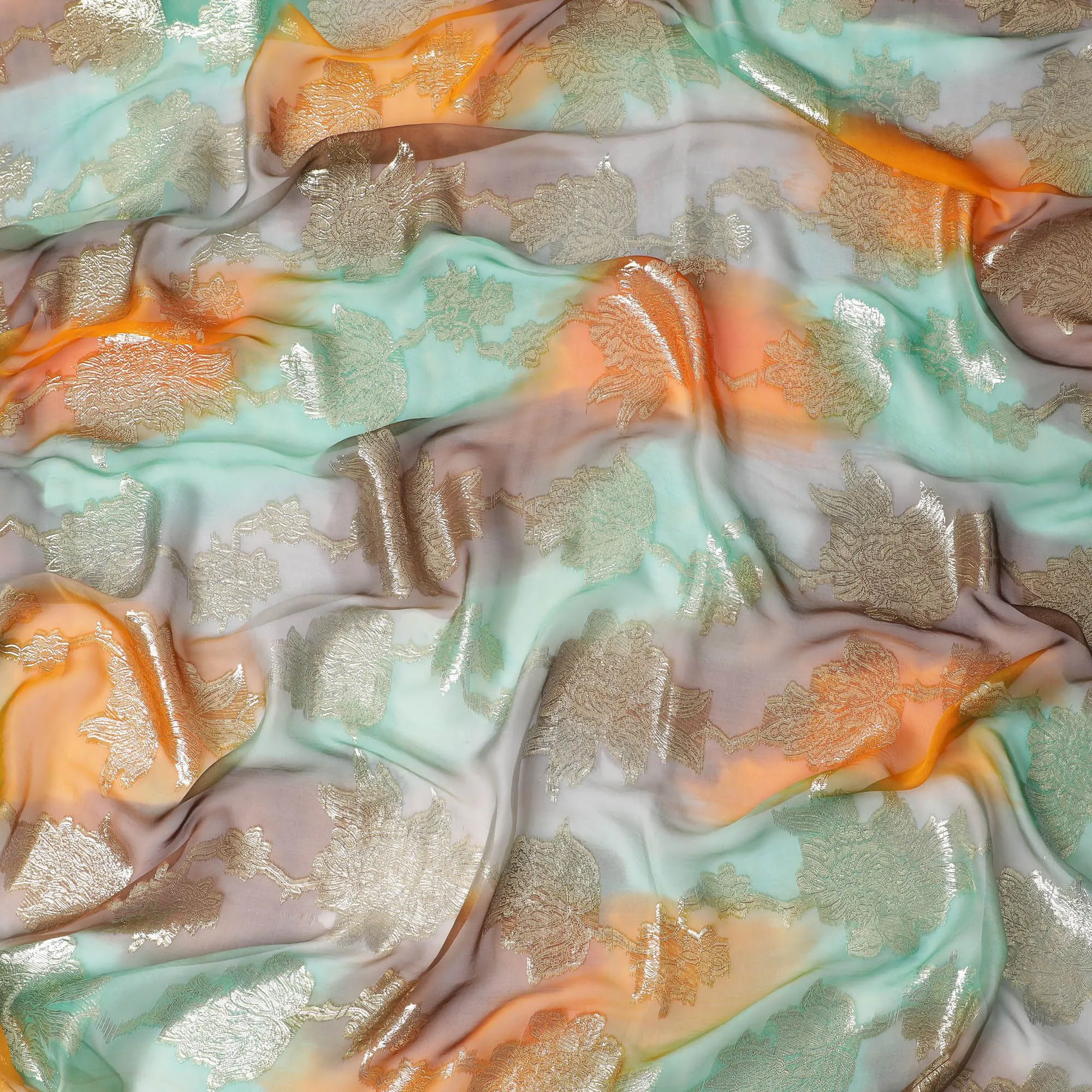 Sunset Mirage Pure Fransawi Silk Chiffon Fabric with Gold Leaf Embroidery, 110cm Width - Traditional Garbasaar, Piece of 2.0 Mtrs-D18628