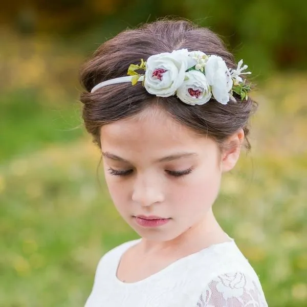 Sweet Floral Baby Girls Christening / Baptism Nylon Headband - White (Style 2)