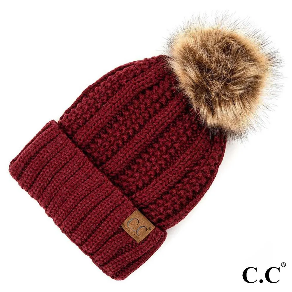 Wine Fuzzy Lined Knit C.C Beanie With Faux Fur Pom