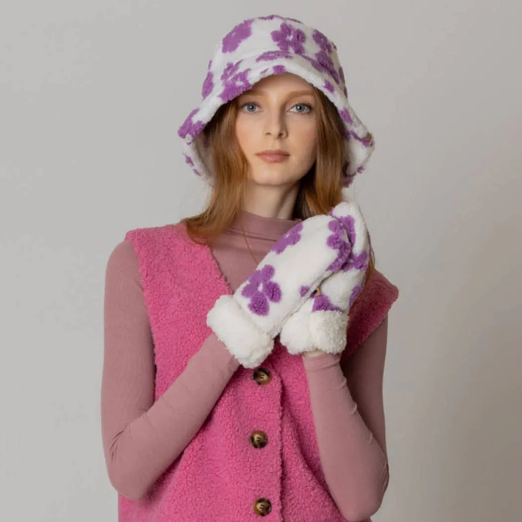 Winter Flower Pattern Sherpa Bucket Hat