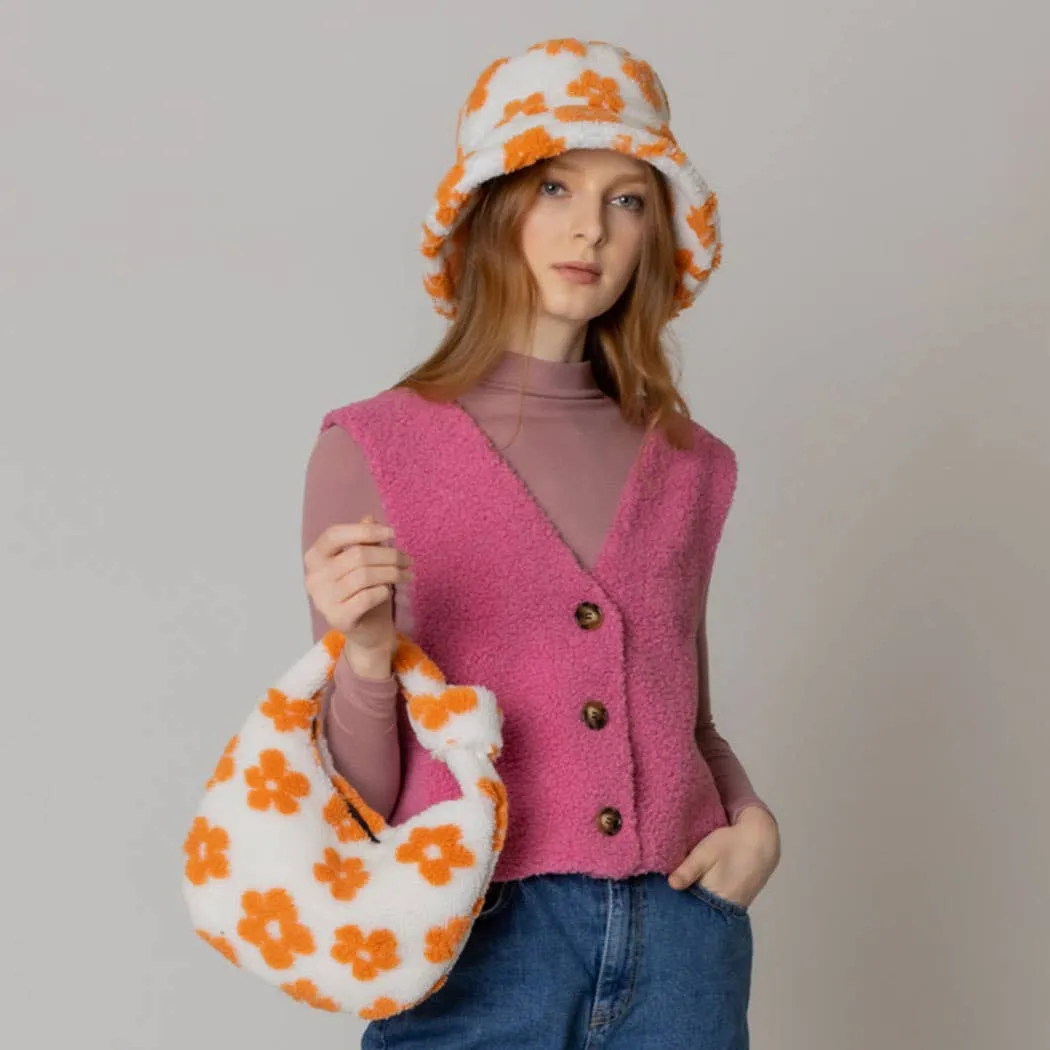 Winter Flower Pattern Sherpa Bucket Hat