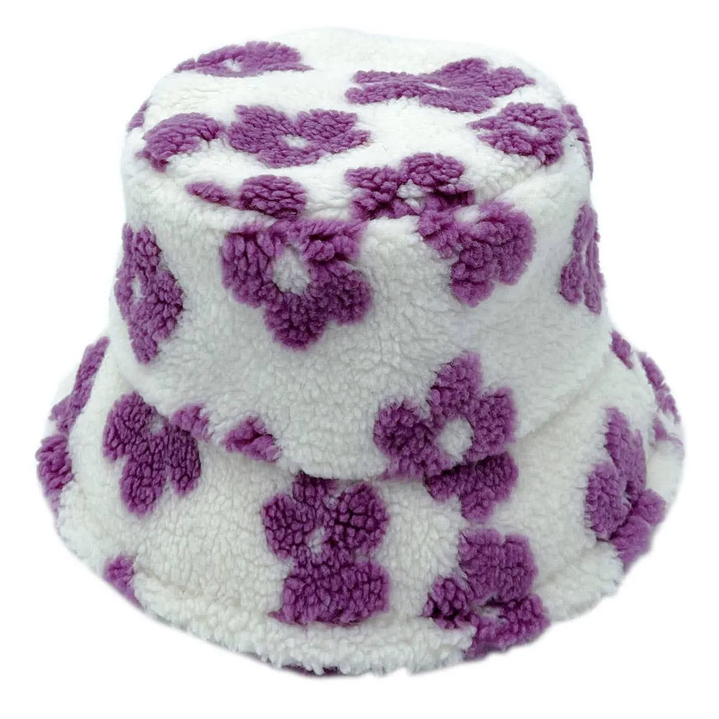 Winter Flower Pattern Sherpa Bucket Hat