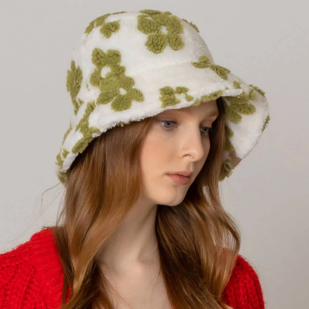 Winter Flower Pattern Sherpa Bucket Hat