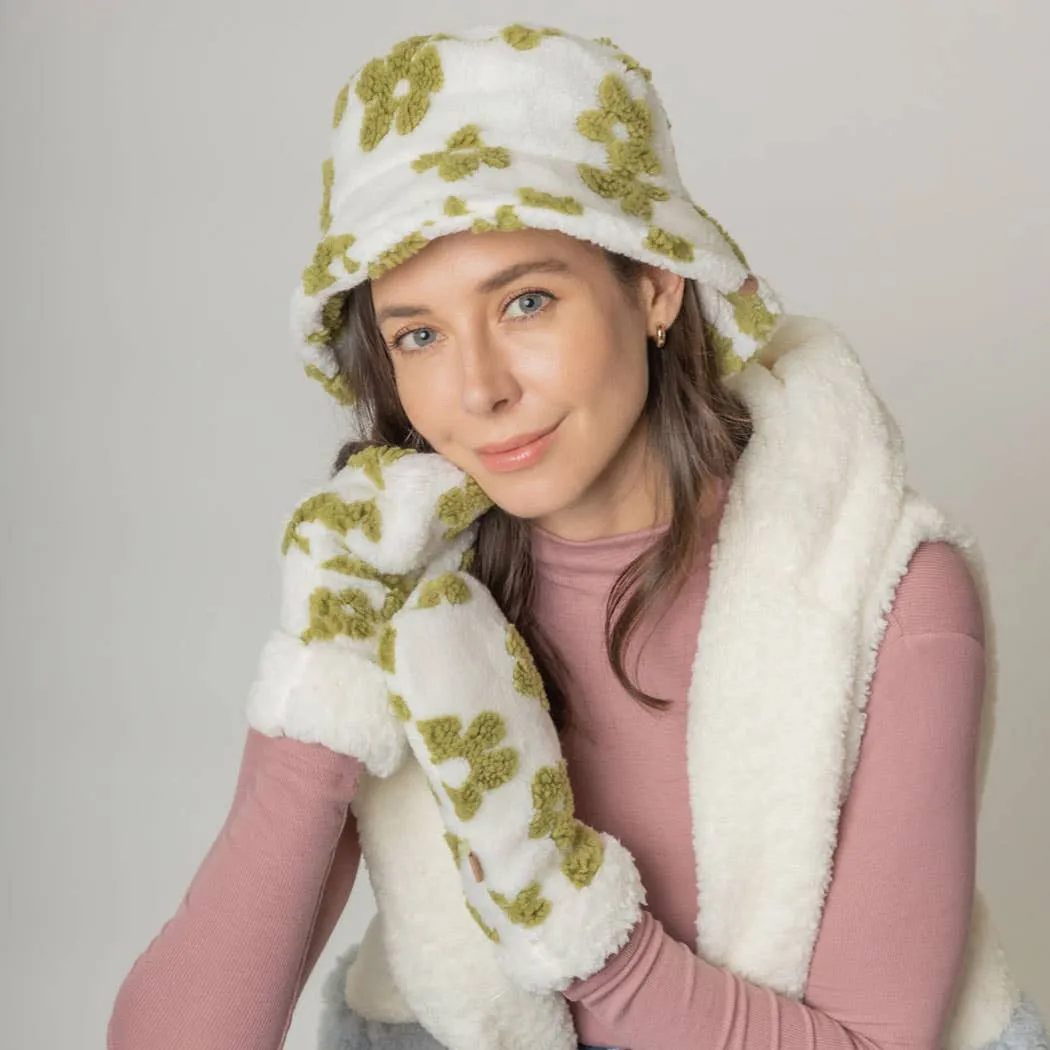 Winter Flower Pattern Sherpa Bucket Hat