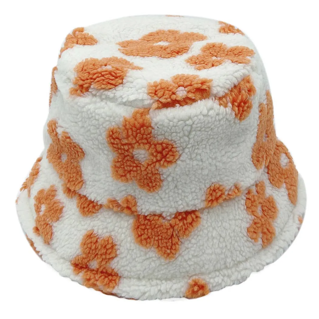 Winter Flower Pattern Sherpa Bucket Hat